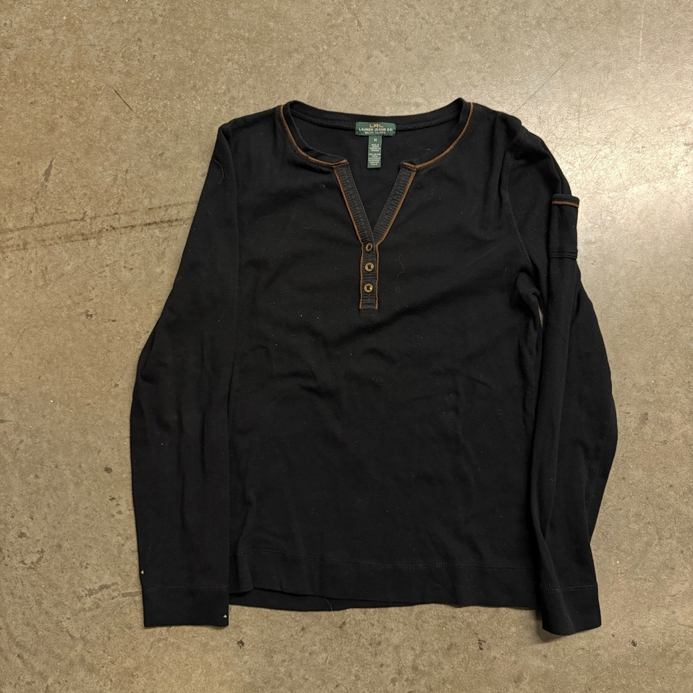 Lauren Ralph Lauren Jeans Co Womens Black Henley Long Sleeve Cotton Top M 2039